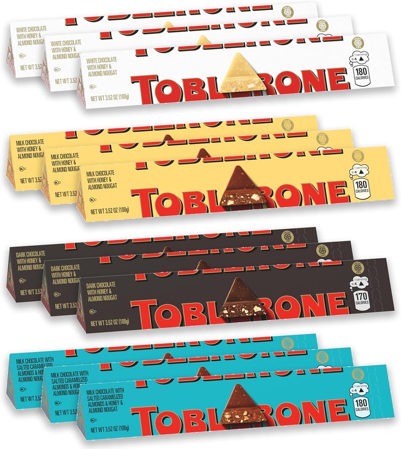 Toblerone طقم بار الشوكولاتة المتنوعة توبليرون (حليب، داكن، أبيض، ولوز مكرمل بالملح)، 12 - 3.52 أونصة بار - Image 1